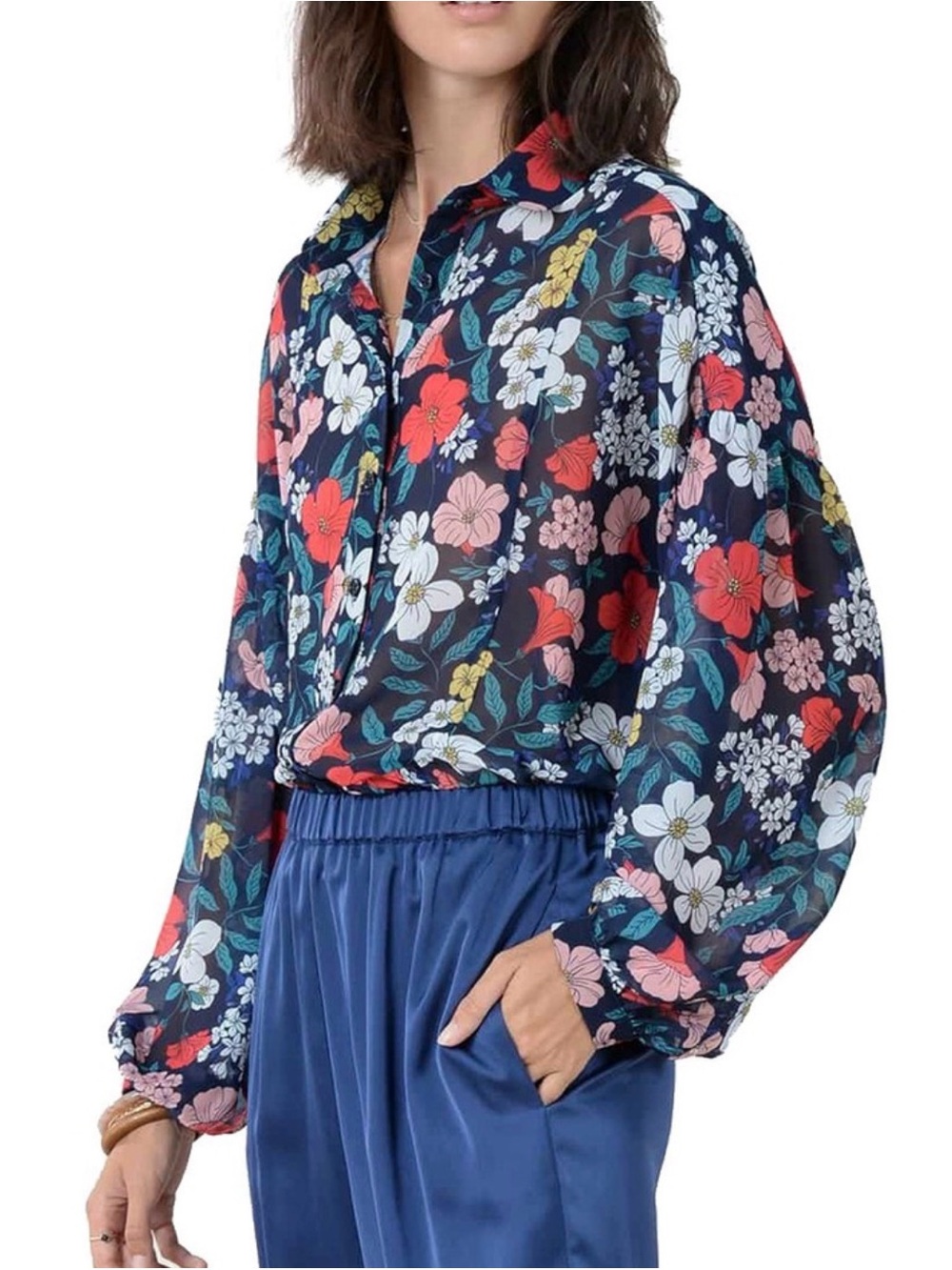 Molly Bracken Navy Floral Button-Front Blouse